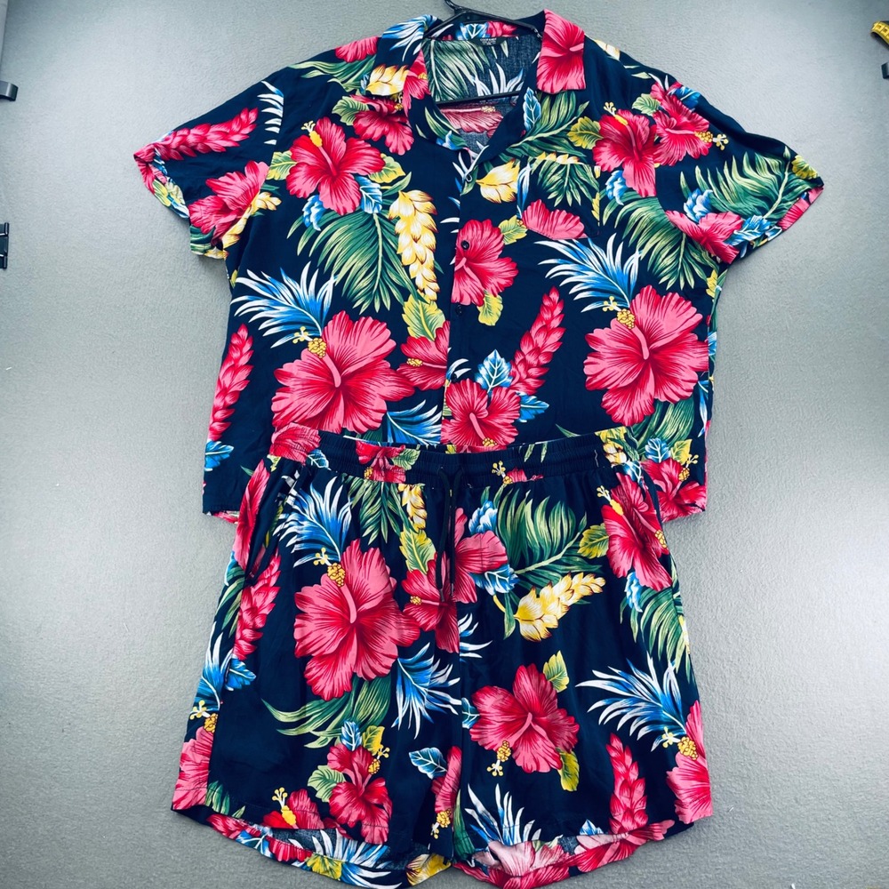 COOFANDY Men 2 Piece Set Tropical Hibiscus Floral Shirt Shorts XXL Navy Blue